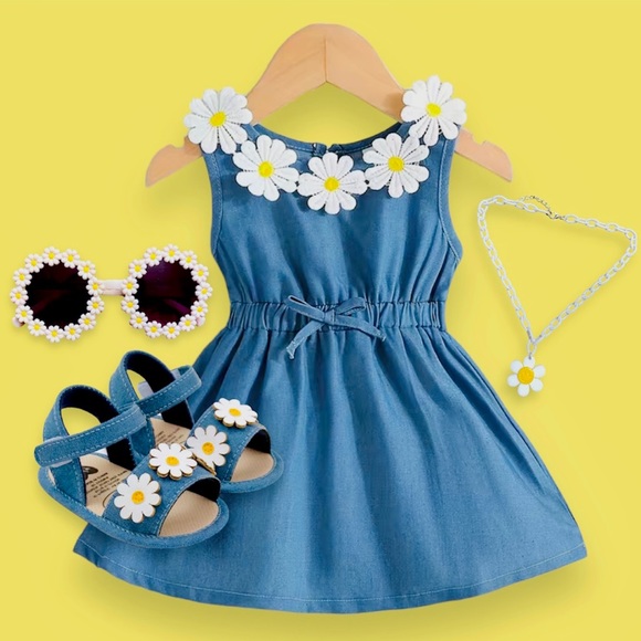 Denim Daisy Dress, Sandals, Sunglasses, Necklace 4pc Set - Picture 1 of 4